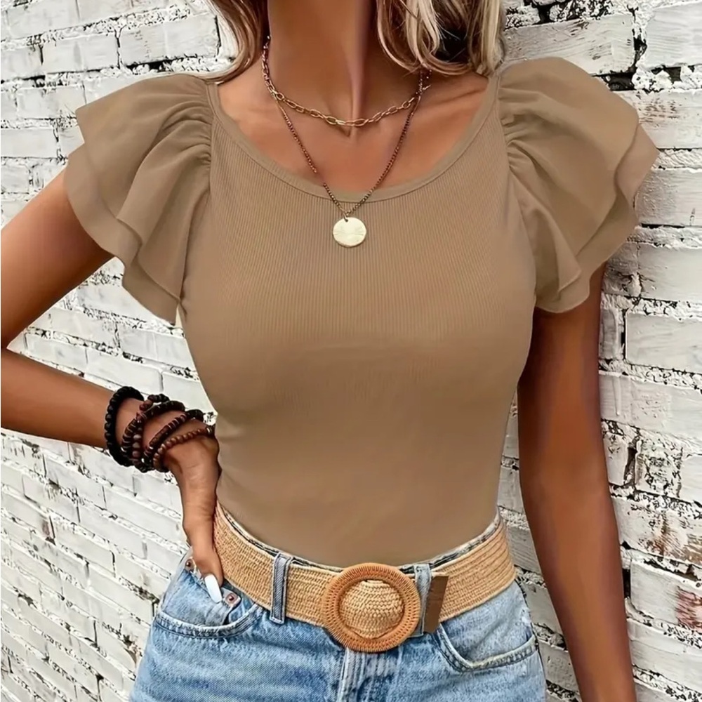 3 Pack Size Elegant Khaki Layered Ruffle Short Sleeve Top